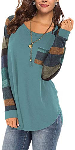 Womens Color Block Tops Long Sleeve T Shirts Casual Tunic Raglan Blouses Light Blue S