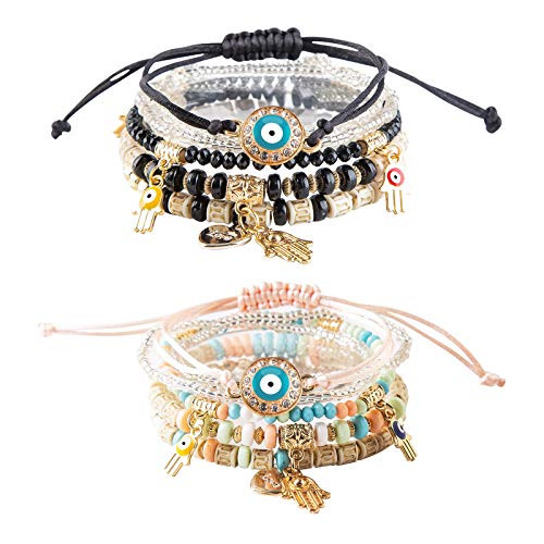 2pcs boho evil eye bracelet for women  Charms Bohemian Multilayer Stretch Stackable hamsa ojo beads bracelets   energy dainty beaded big evil eye protection bracelet for girl  BlackPlusyellow