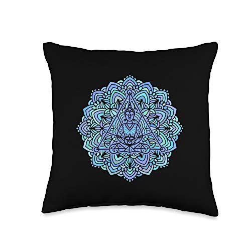 Mandalamania Mandala with Buddha Symbol - Blue Purple Multi Throw Pillow  16x16  Multicolor