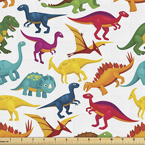 Lunarable Dinosaur Party Fabric by The Yard  Tyrannosaurus Triceratop Vibrant Toned Jurassic Animals Fantasy World Turtle  Decorative Fabric for Upholstery and Home Accents  1 Yard  Orange Seafoam