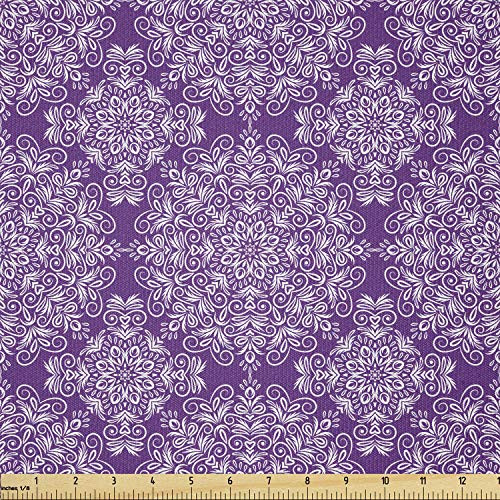 Ambesonne Purple Mandala Fabric by The Yard  Classic Style Victorian Swirled Floral Branches with Effects Design  Stretch Knit Fabric for Clothing Sewing and Arts Crafts  1 Yard  Purple White