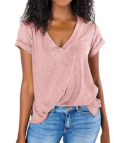 Imily Bela Womens V Neck T Shirts Summer Casual Short Sleeve Loose Tshirts Side Slit Basic Tees Pink
