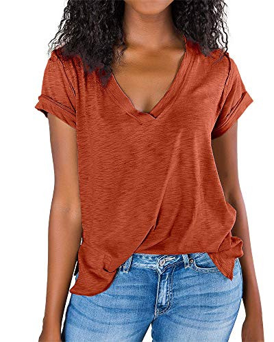 Imily Bela Womens V Neck T Shirts Summer Casual Short Sleeve Loose Tshirts Side Slit Basic Tees Orange