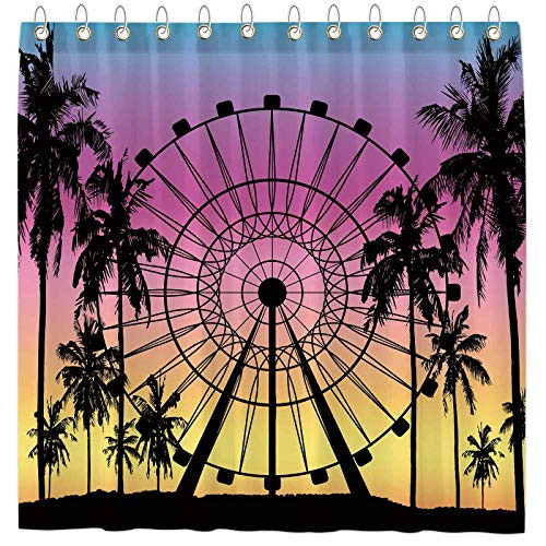 Funnytree Summer Seaside Ferris Wheel Shower Curtain Bathroom Palm Tree Sunset Home Bathtubs Curtain Decor Set with 12 Hooks Easy Care Waterproof Washable Soft Durable Polyester Fabric 72"x72"