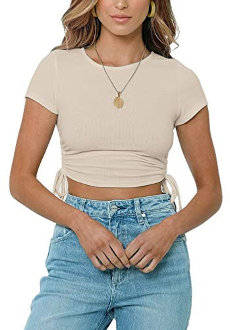 NENONA Women's Side Drawstring Basic Summer T Shirts Short Sleeve Crewneck Tees Plain Workout Casual Tops Apricot-M