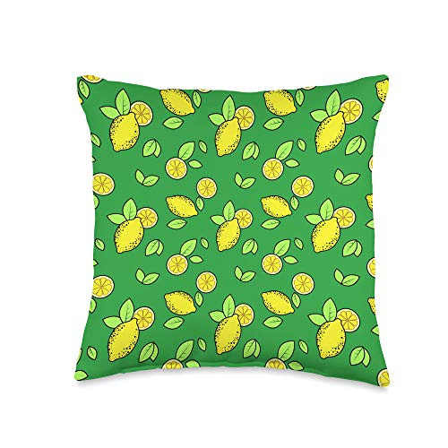 Fruit and Vegetable Patterns Yellow Lemons and Green Leaves Summer Citrus Pattern Throw Pillow  16x16  Multicolor