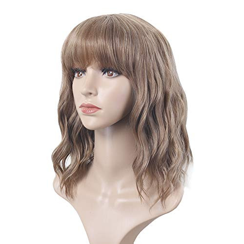 Aideshair wave wig with air bangs women's short Light brown wig curly wave synthetic cosplay girl colorful wig  Light brown