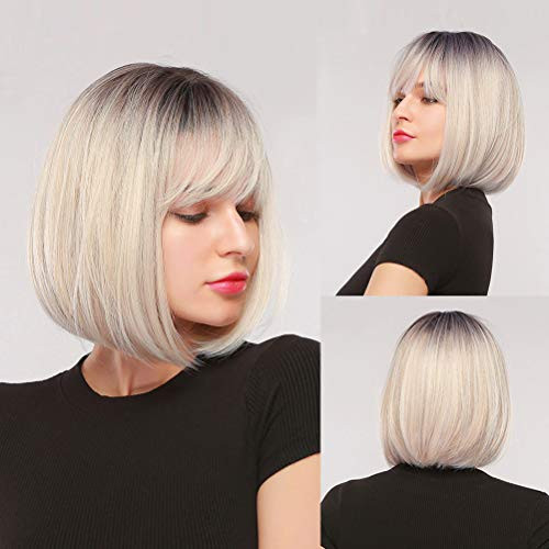 Sallcks Ombre Platinum Blonde Bob Wigs for Women Short Straight Dark Roots Wig with Bangs Synthetic Halloween Cosplay Costume Wigs