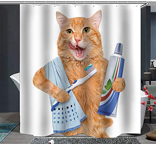 Funny Animal Cat Bathing Decor Bathroom Shower Curtain 3D Printing Cartoon Cat Shower Curtain Sets Bathroom Decor with Hooks Waterproof Washable 72 x 72 inches Orange White