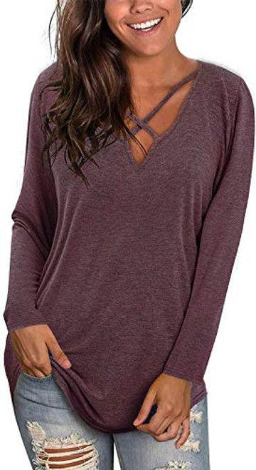 Womens V Neck Long Sleeve Shirts Sexy Criss Cross Tunic Tops Casual Cotton Tees T Shirts Purple
