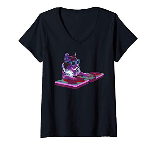 Womens House Party Cat Dj Playing Music Dj Mixer Remote Rainbow V-Neck T-Shirt