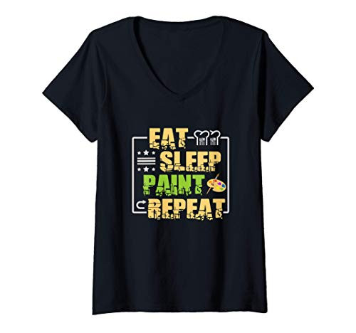 Womens Eat Sleep Paint Repeat Art V-Neck T-Shirt