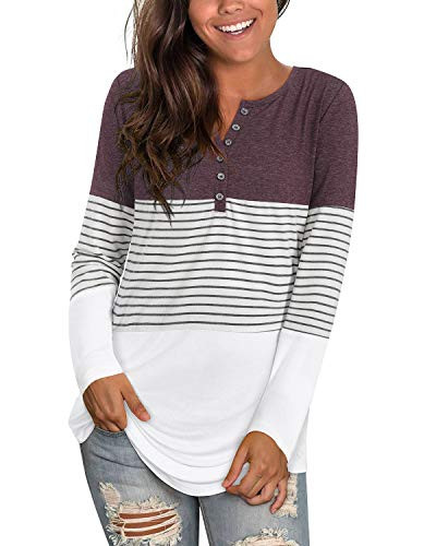 II ININ Women's Long Sleeve V Neck Color Block Button Down Shirt Striped Tunic Casual Henley Blouse Tops Purple Medium