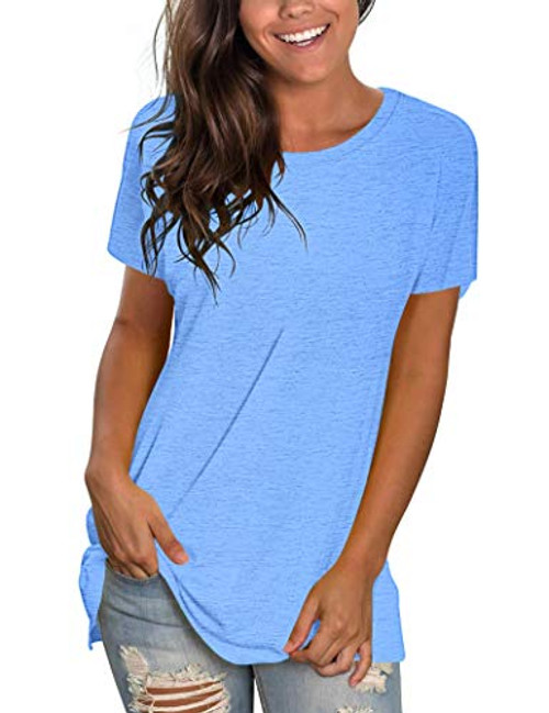 WNEEDU Soft Tshirts for Women Short Sleeve Basic Tees Loose Fitting Tops Blouses Sky Blue L