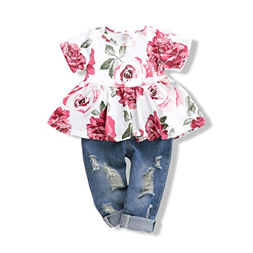 Baby Girl Summer Clothes Short Sleeve Ruffle T-Shirt Floral Shirt Tops Denim Pants Outfits Set Infant Ripped Jeans Outfits 12-18 Months 2PCS