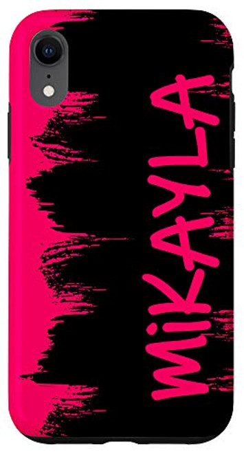 iPhone XR Mikayla Name Cool Modern Girly Pink Paint Brush Stroke Black Case
