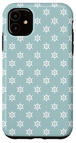 iPhone 11 Cute Nautical Aqua and White Ship's Wheel Pattern Case