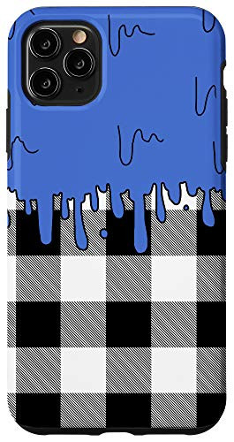iPhone 11 Pro Max Cute Blue Wave Paint Spill on Black  and  White Plaid Pattern Case