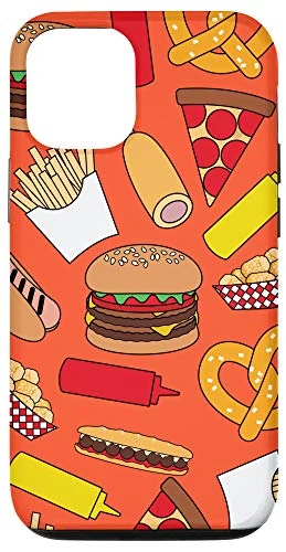 iPhone 12 12 Pro Food Pattern Burger Pepperoni Pizza Fries Hot Dog Orange Case
