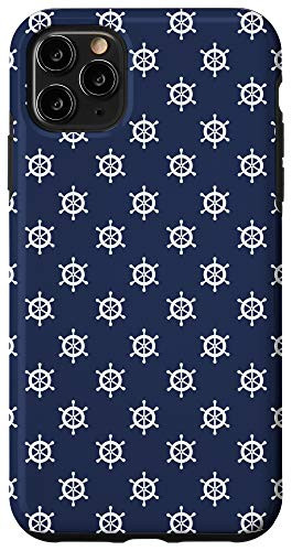 iPhone 11 Pro Max Cute Nautical Navy Blue  and  White Ship's Wheel Pattern Case
