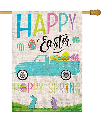 KLL Easter Garden Flag-Welcome Peeps Vertical Double Sized  Fram Truck Carries Easter Bunny Eggs Banners Home Decor Outdoor Decoration  Large 28x40