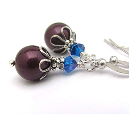 Dark Berry Crystal Simulated Pearl Earrings Bohemian With Blue Crystal from Swarovski Dark Berry Crystal Simulated Pearl Earrings Bohemian With Blue Crystal from Swarovski