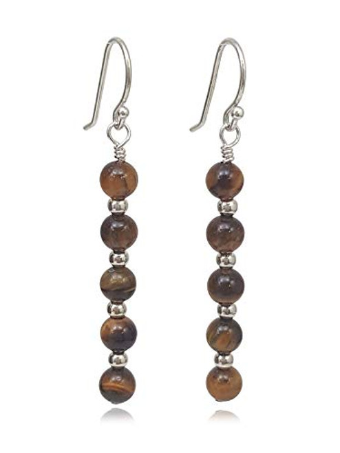 Sterling Silver Tiger Eye Gemstone Beaded Bar Dangle Earrings Sterling Silver Tiger Eye Gemstone Beaded Bar Dangle Earrings