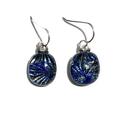 Green Blue Starburst Dichroic Fused Glass Earrings with Solid Sterling Silver Ear Wires