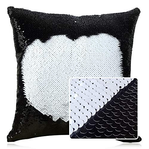 HeMiaor Mermaid Magic Reversible Sequins Cushion Cover, Car Magic Sequins Pillow Cover Throw Square Cushion Case, 18x18 Inches, Black and White