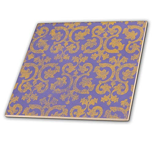 3dRose Grunge gold and purple damask - faded yellow - fancy Vicotorian wallpaper swirling vintage pattern - Ceramic Tile  4-inch  ct_151438_1