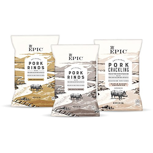 Epic Artisanal Pork Rinds Snack  Sea Salt and Pepper  BBQ Seasoning  Maple Bacon  2.5 Ounce