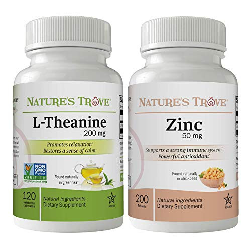 L-Theanine 200mg - 120 Vegetarian Capsules Plus Zinc 50mg Gluconate 200 Tablets - Promotes Stress Control and Relaxation - Natural Immune Boost by Nature's Trove L-Theanine 200mg - 120 Vegetarian Capsules Plus Zinc 50mg Gluconate 200 Tablets - Promotes Stress Control and Relaxation - Natural Immune Boost by Nature's Trove