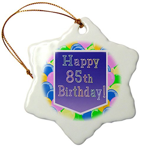3dRose ORN_174850_1 Balloons with Purple Banner Happy 85Th Birthday Snowflake Ornament  Porcelain  3"