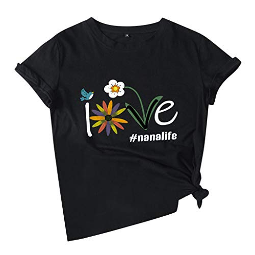 Meikosks Daisy Shirt for Women Printing T Shirt Short Sleeve Blouses Casual Tunic Loose Tops Black