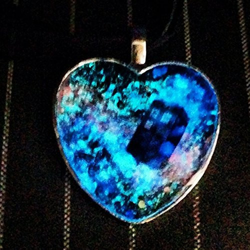 Glow In The Dark Galaxy Nebula Doctor Who Tardis Heart Pendant on Cord and Ribbon Necklace Glow In The Dark Galaxy Nebula Doctor Who Tardis Heart Pendant on Cord and Ribbon Necklace