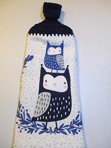 Crocheted FULL Towel Mommy and Baby Owl Kitchen Towel with Dark Blue Yarn