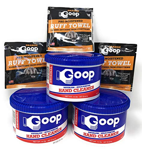 3 Cans of Goop Hand Cleaner and Laundry Stain Lifter Remover 14 ounce with 3 Orange Goop Ruff Towel Packets  Waterless  Non-Toxic and Biodegradable  Removes Grease  Grass  Tar  Blood  Paint  Dirt  Mud