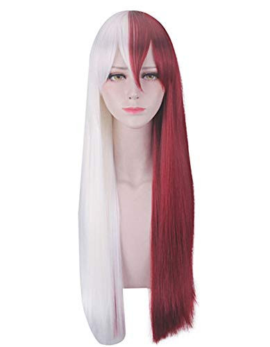 Cosrea Long Straight Half Red Silver White Anime Cosplay Wig