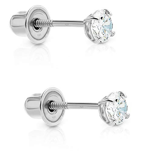 Sterling Silver Cubic Zirconia Basket-set Solitaire CZ Stud Earrings with Screw Backs  3mm
