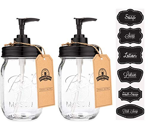 Jarmazing Products Black Mason Jar Soap Dispenser Jars - 2 Pack - Rust Proof Plastic with Genuine Ball Pint Jars