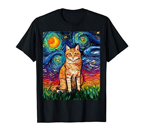 Orange Tabby Tiger Cat Starry Night Colorful Art by Aja T-Shirt