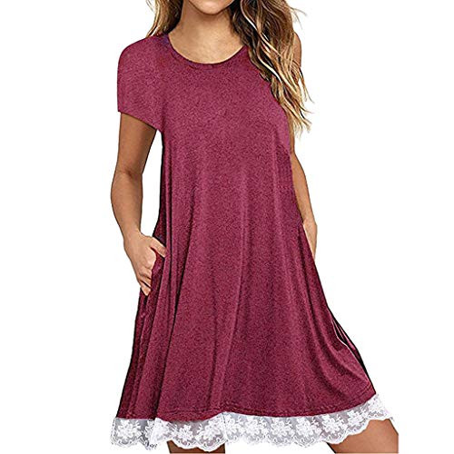 Women's Summer Casual T Shirt Dresses Short Sleeve Swing Dress with Pockets Plain Simple T-Shirt Loose Dress Lace Trim  M  Red