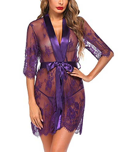 Avidlove Women's Lace Kimono Robe Sexy Babydoll Lingerie Mesh Nightgown Cover Up Purple Avidlove Women's Lace Kimono Robe Sexy Babydoll Lingerie Mesh Nightgown Cover Up Purple