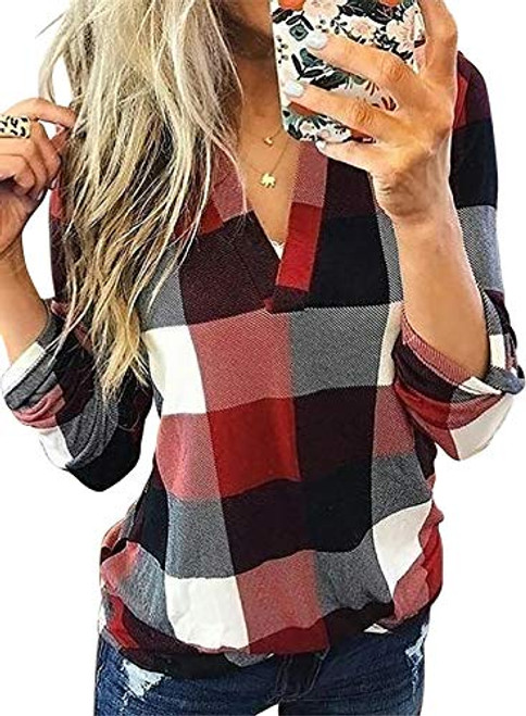 FARYSAYS Women's Basic V Neck Plaid Shirts Cuffed Long Sleeve Casual Tops Blouses Red X-Large