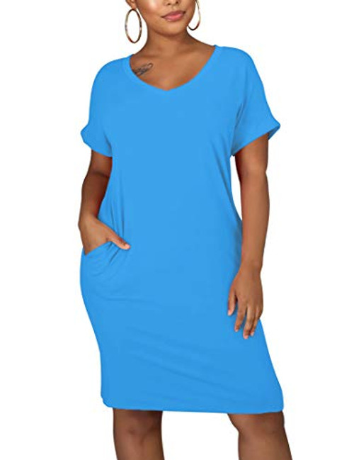 cailami Women's Summer V Neck Short Sleeve Midi Tshirt Dresses Casual Tunic Dress with Pockets  Medium  Blue