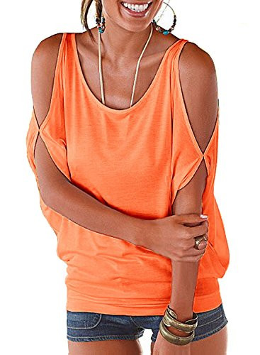 LEIYEE Womens Orange Summer Cold Shoulder Tops Short Sleeve T Shirts Pullover Casual Dolman Blouses