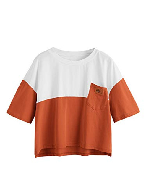 SweatyRocks Women's Color Block Half Sleeve High Low Casual Loose T-Shirt Tops Orange Medium