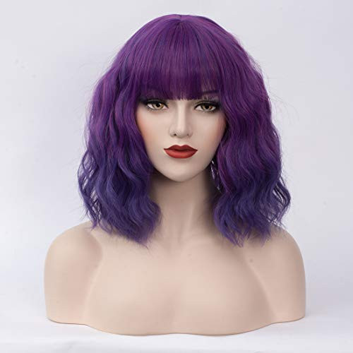 Cying Lin Short Bob Wavy Curly Wig Purple Ombre Bangs Wig For Women Cosplay Halloween Wigs Heat Resistant Bob Party Wig  ZPurple Ombre