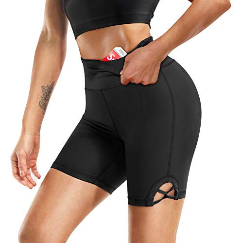 LEINIDINA Women's High Waist Yoga Shorts Tummy Control with Pocket Biker Workout Athletic Shorts Tights Black  X-Large