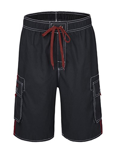 Nonwe Men's Beachwear Board Shorts Quick Dry with Mesh Lining Swim Trunks Black with Red Strap 32